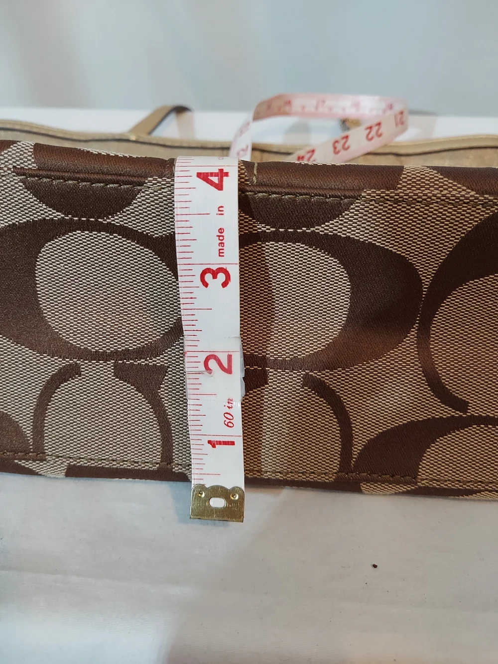 Coach Signature Stripe Floral Chrysanthemum Tote Gold Khaki Jacquard 12204